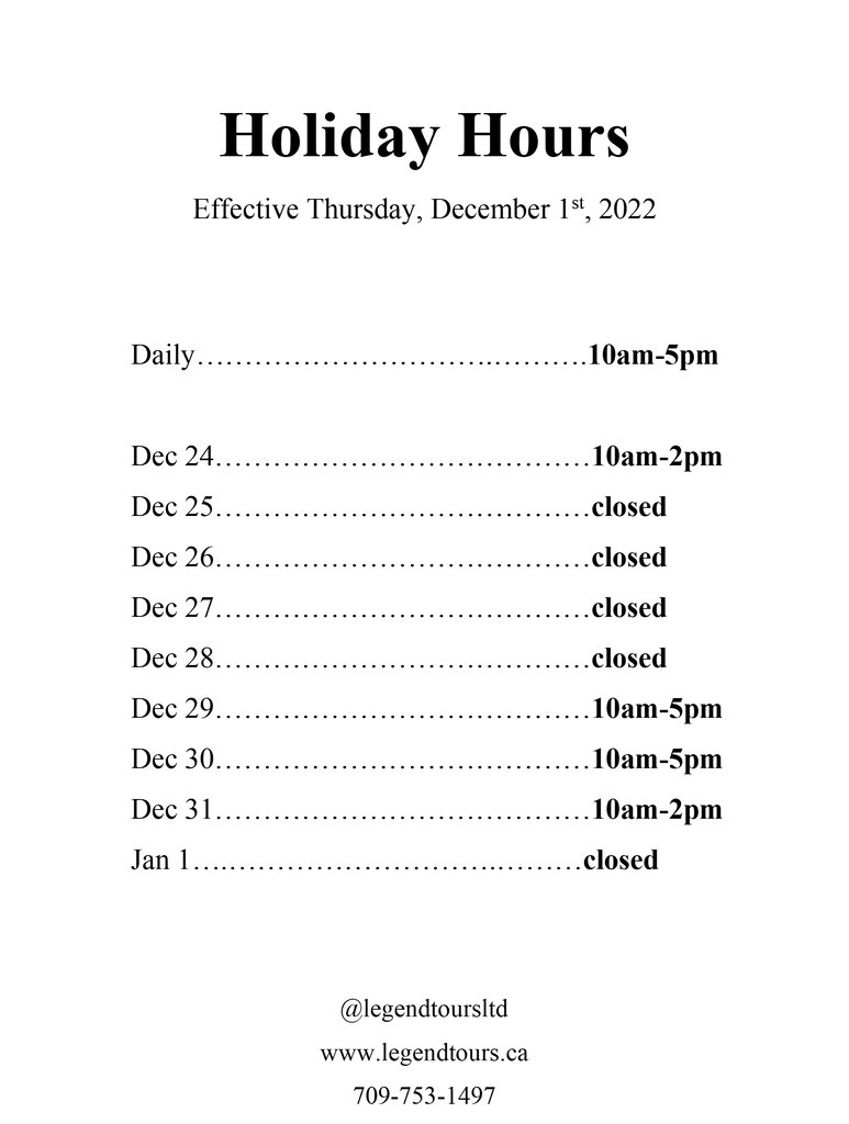 Holiday Hours for Decemebr 2022