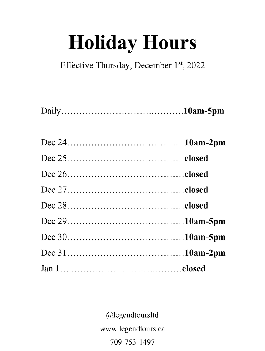 Holiday Hours for Decemebr 2022 Legend Tours Ltd