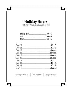 Holiday Hours Now In Effect