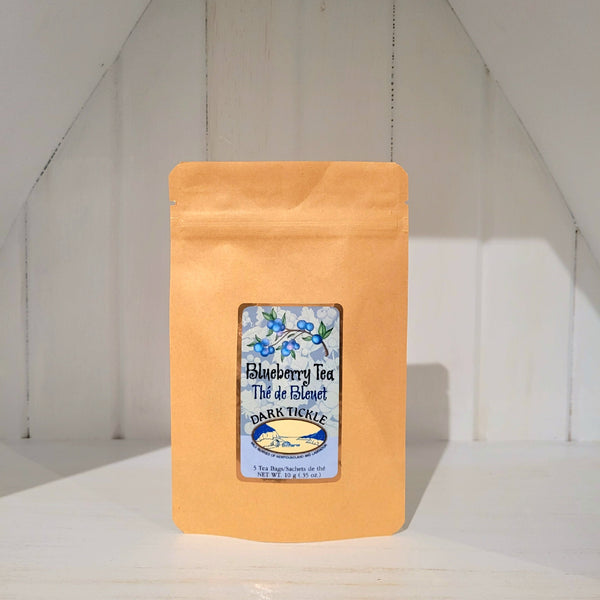 Small 10g bag of 5 tea bag sachets with black tea with blueberry flavor