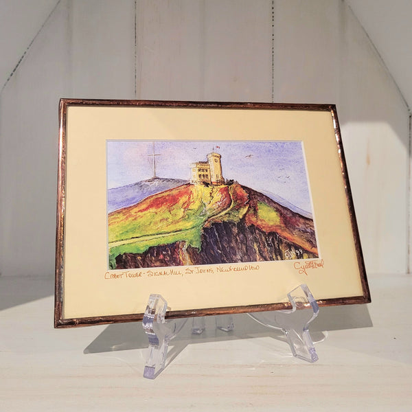 Copper framed art reproduction by Cynthia Noel titled "Cabot Tower - Signal Hill, St. John's, Newfoundland".