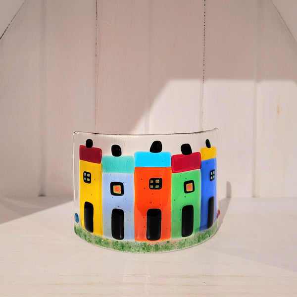 Colorful, curved fused glass rowhouses ornament suncatcher 