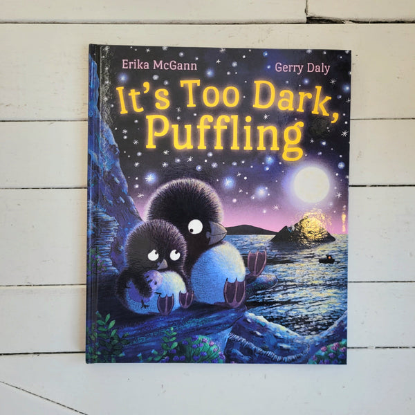 Book titled 'It's Too Dark, Puffling' by Erika McGann and Gerry Daly on a wooden surface.