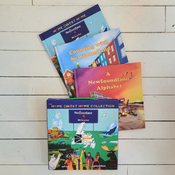 A box set with three hardcover children's books titled The Home Sweet Home Newfoundland Collection.