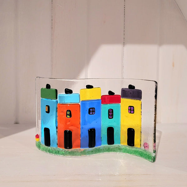 Colorful and wavy fused glass rowhouses ornament suncatcher 