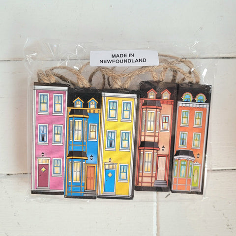 5 pack of mix rowhouse tree ornaments on white background