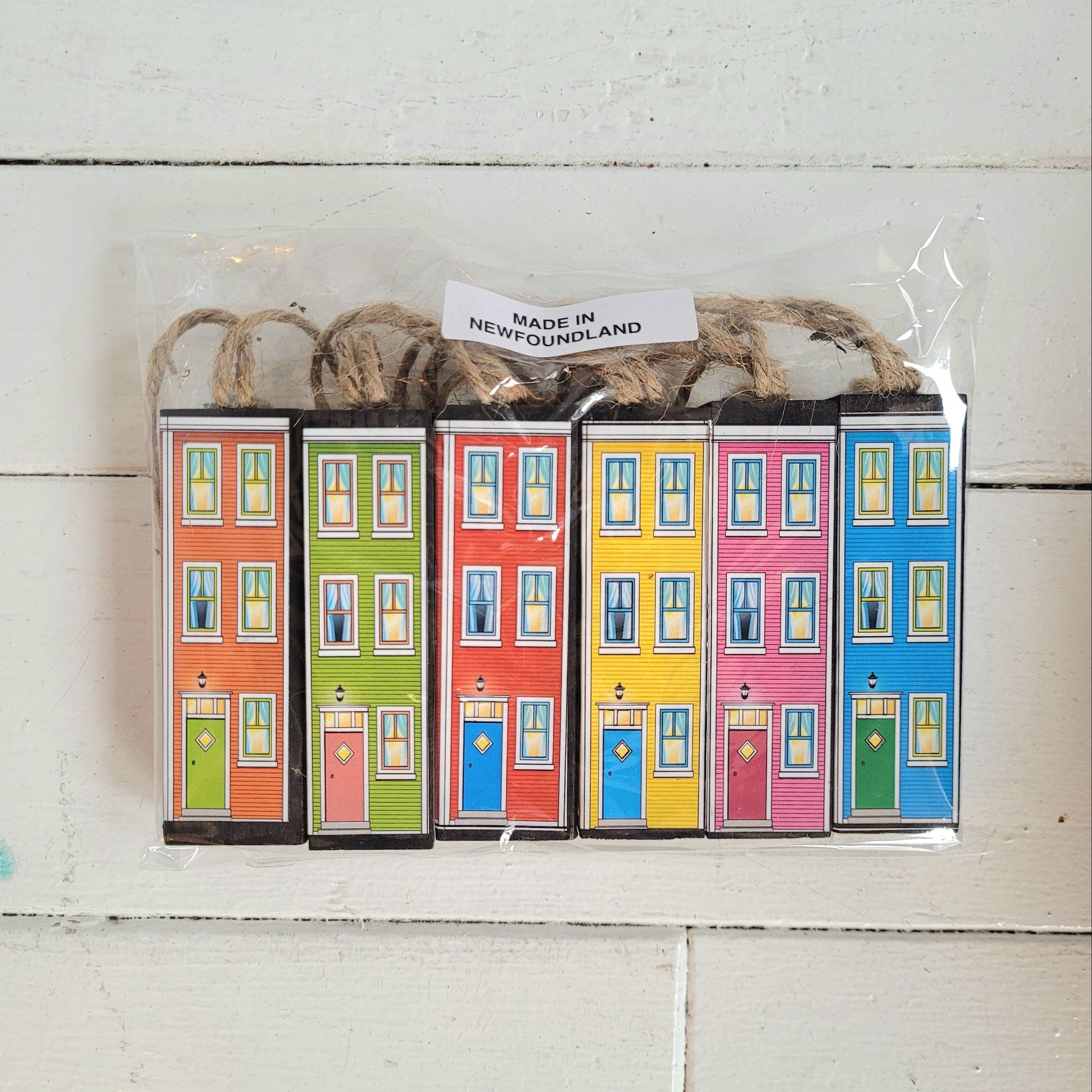 six tree ornaments of colorful rowhouse designs of Kings Road. Made in St. John's, Newfoundland.