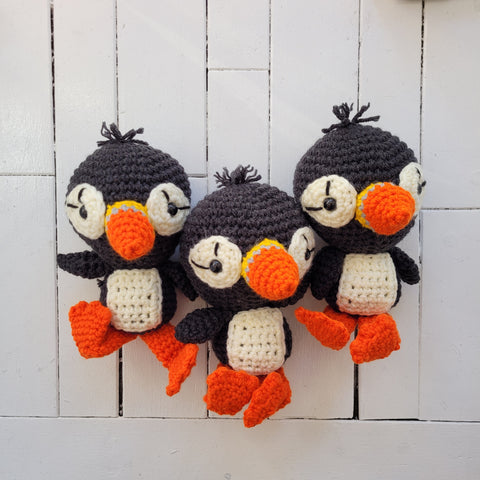 group of three crochet plush puffin toys made in Newfoundland 