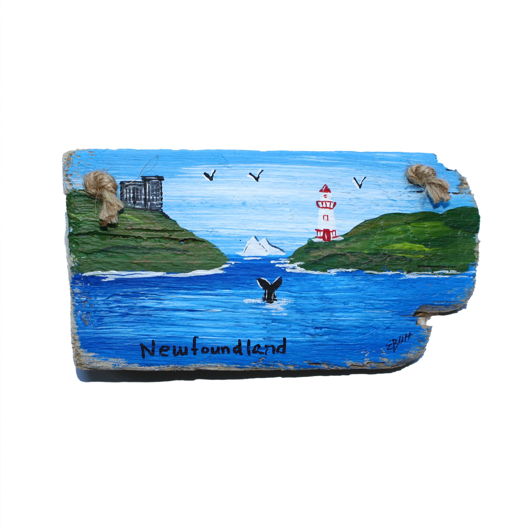 hand painted driftwood souvenir with Newfoundland scene