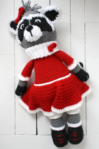 full length view of raccoon with red dress against white background