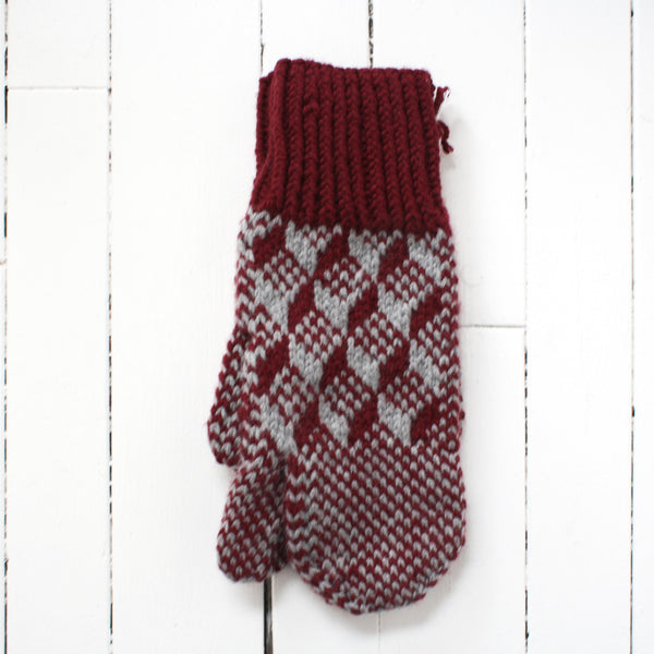 Red and grey trigger mitt with traditional pattern